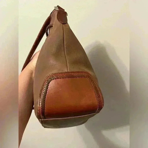 Vintage Fossil Brown Hobo Leather Bucket Shoulder Woven Handle Drawstring Bag - Picture 6 of 16